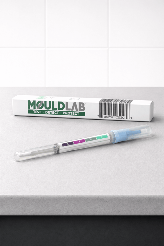 Mold Surface Test kit from MiljøLab on a countertop, designed to detect mold residues quickly.