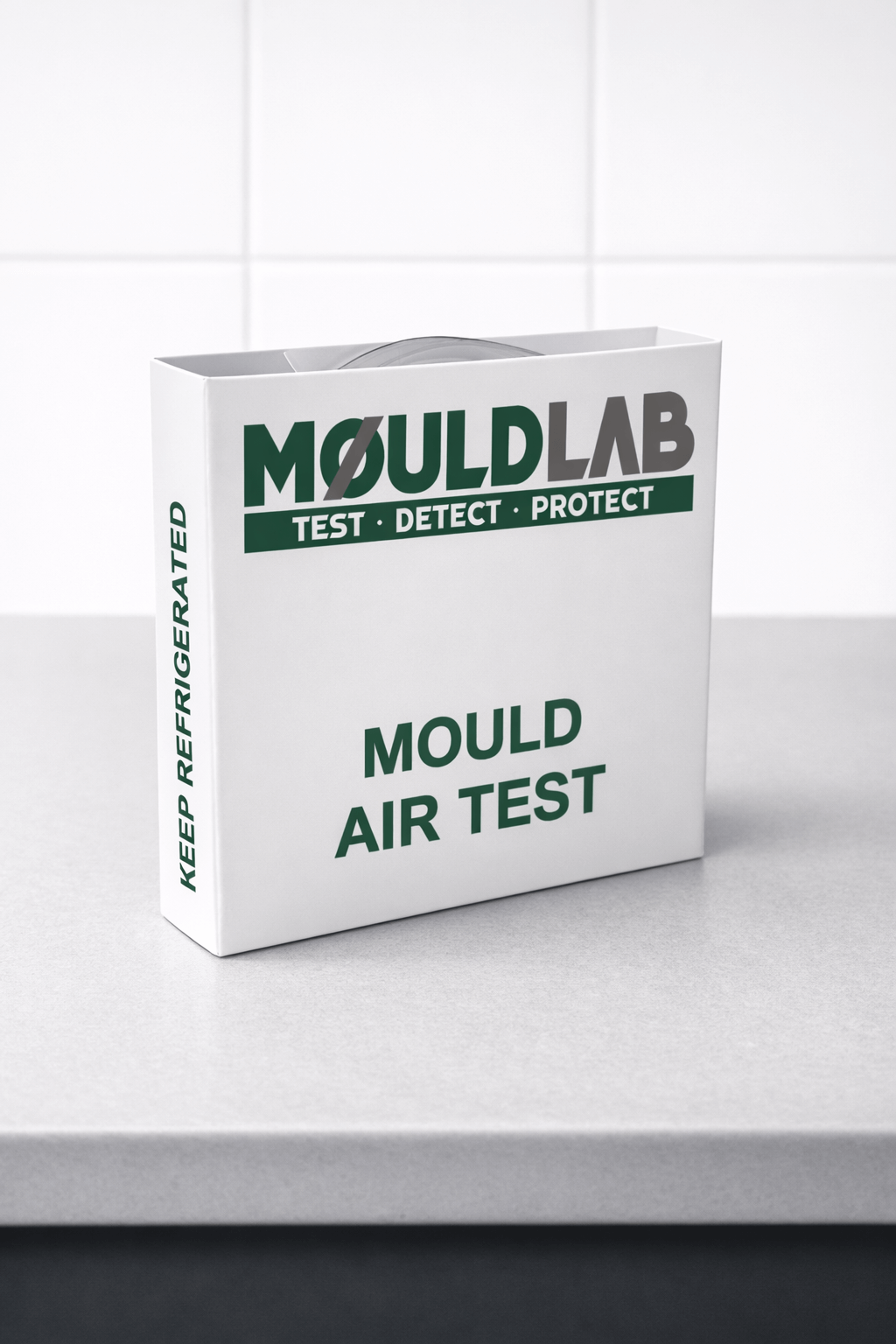 Mold Air Test package on a countertop, showcasing accurate mold spore measurement for homes.